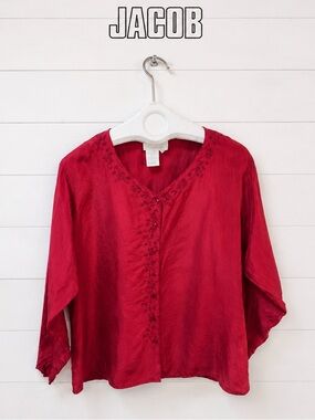 JACOB Red 100% Silk Embroidered Long Sleeve Blouse Size Small